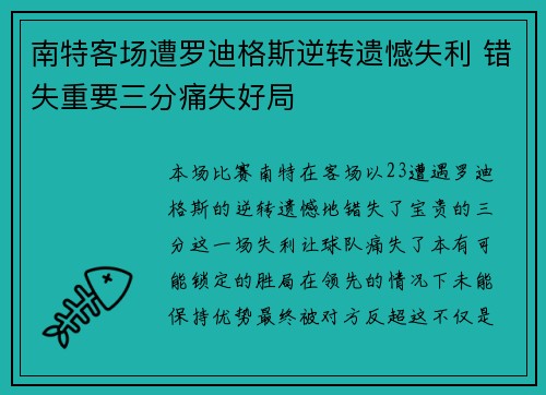 南特客场遭罗迪格斯逆转遗憾失利 错失重要三分痛失好局