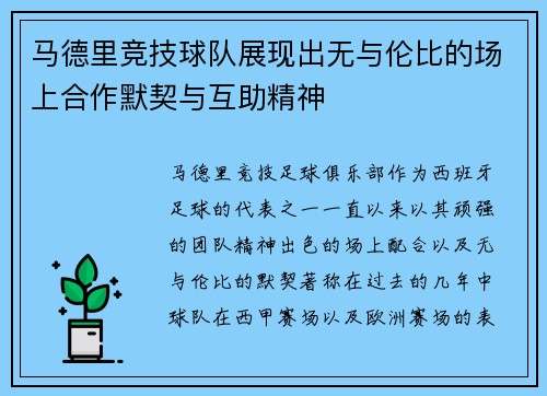 马德里竞技球队展现出无与伦比的场上合作默契与互助精神