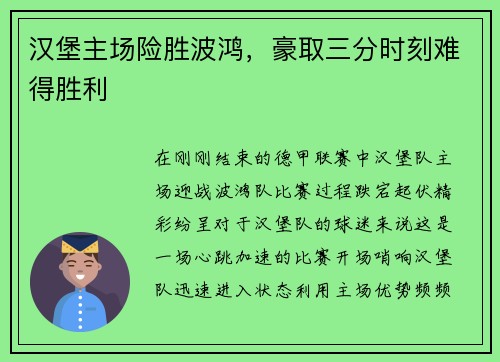 汉堡主场险胜波鸿，豪取三分时刻难得胜利