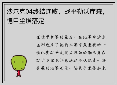 沙尔克04终结连败，战平勒沃库森，德甲尘埃落定