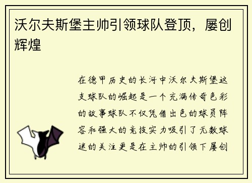 沃尔夫斯堡主帅引领球队登顶，屡创辉煌