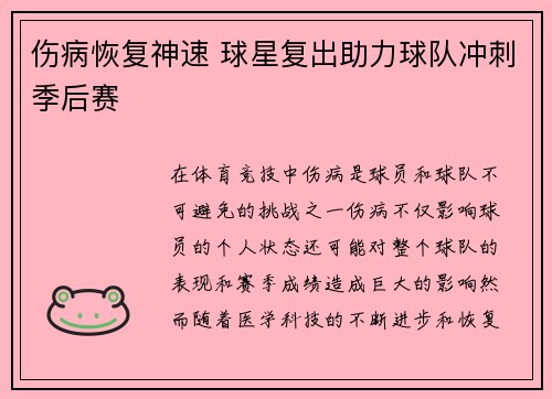 伤病恢复神速 球星复出助力球队冲刺季后赛