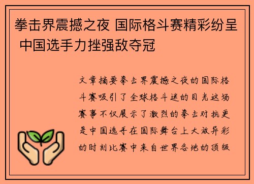 拳击界震撼之夜 国际格斗赛精彩纷呈 中国选手力挫强敌夺冠