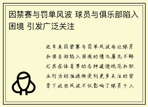 因禁赛与罚单风波 球员与俱乐部陷入困境 引发广泛关注