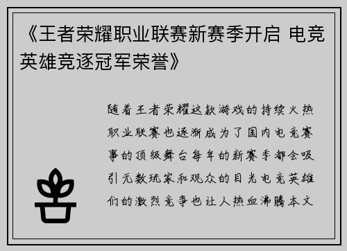 《王者荣耀职业联赛新赛季开启 电竞英雄竞逐冠军荣誉》