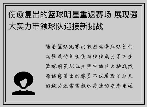 伤愈复出的篮球明星重返赛场 展现强大实力带领球队迎接新挑战