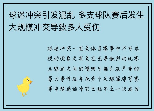 球迷冲突引发混乱 多支球队赛后发生大规模冲突导致多人受伤